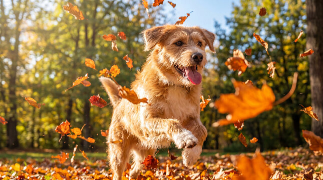 Happy dog running through autumn leaves in sunny park with playful motion and joy