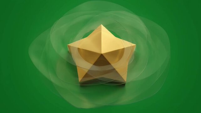 Golden three dimensional star symbol rotating on green background with abstract smoke waves.