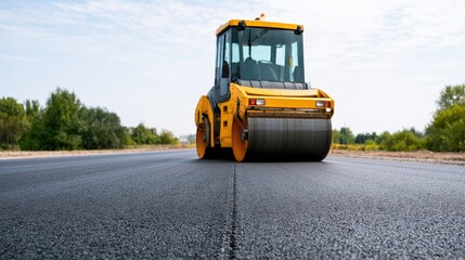 Obraz premium Road roller compacting asphalt on new road construction site