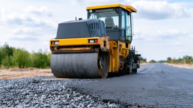 Road roller compacting asphalt on a new road construction site