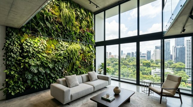 Modern luxury living room interior with a lush vertical garden wall and expansive city skyline view