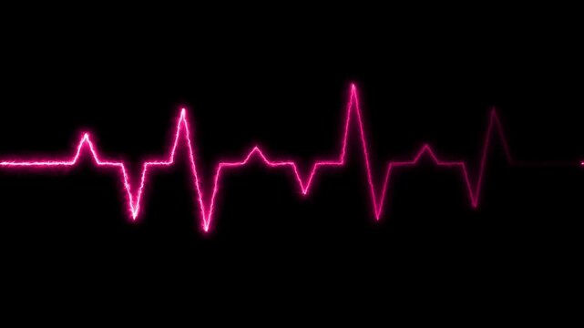 Heartbeat plus icon neon bright red color animation. Electrocardiogram Display with Realistic Pulse Waveform medical concept heart beat graph on black background.
