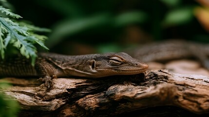 Fototapeta premium A lazy lizard rests peacefully on a log in a cozy home bathed in warm natural light