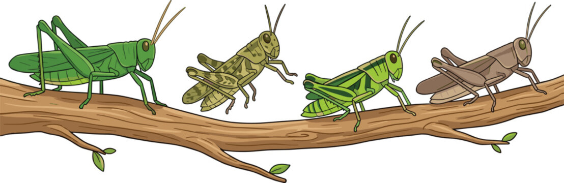 Grasshopper Life Cycle Stages Illustration on Tree Branch Showing Development Growth and Metamorphosis Insect Biology Vector Set