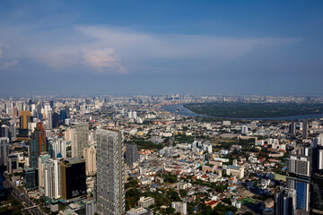 Fototapeta premium Aerial panoramic view of Bangkok city skyline and modern architecture in downtown district