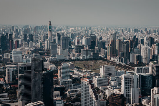 Aerial panoramic view of Bangkok city skyline and modern architecture in downtown district
