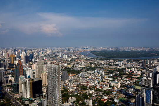 Aerial panoramic view of Bangkok city skyline and modern architecture in downtown district