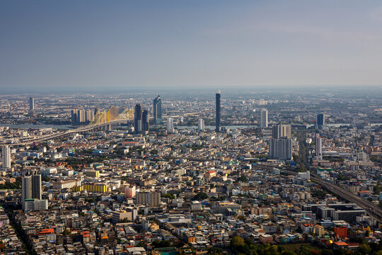 Aerial panoramic view of Bangkok city skyline and modern architecture in downtown district
