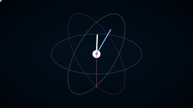 Minimalist abstract clock animation with orbiting rings, modern time concept motion