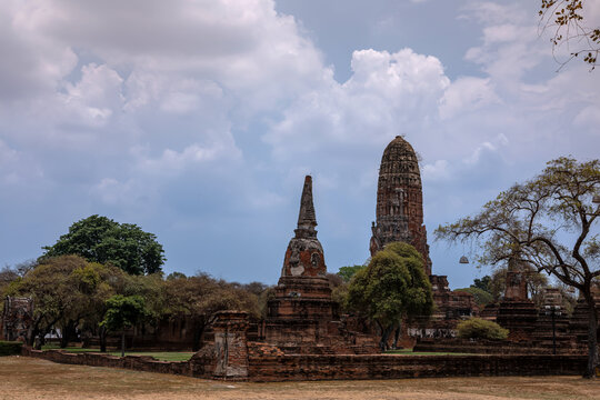 Ancient brick ruins of Wat Mahathat temple in Ayutthaya Historical Park Thailand