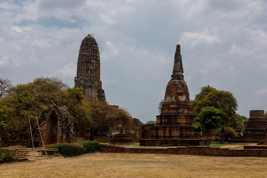 Ancient brick ruins of Wat Mahathat temple in Ayutthaya Historical Park Thailand