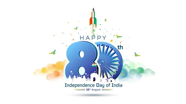 Happy 80th India Independence Day 2026: Freedom festival anniversary animation, motion or video footage. Tricolor flag, confetti, red fort, monuments, and a pencil rocket.