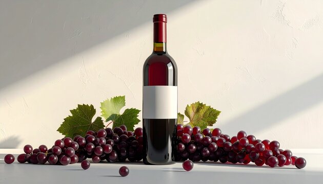 bottiglia di vino rosso con etichetta e con tanti grappoli d'uva, in ambiente interno bianco minimalista, con effetti di luci ed ombre geometriche sullo sfondo