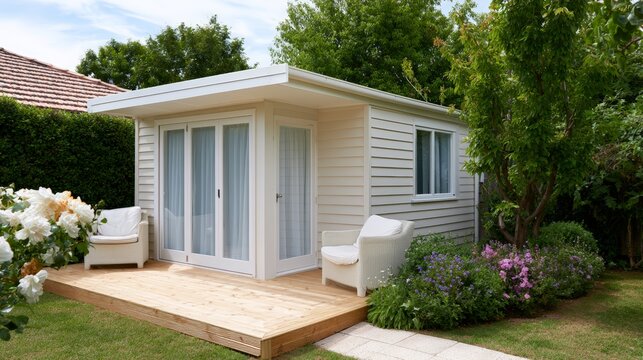 Modern backyard annexe with wide glazing and wooden deck surrounded by flowering shrubs for garden studio design and outdoor relaxation space