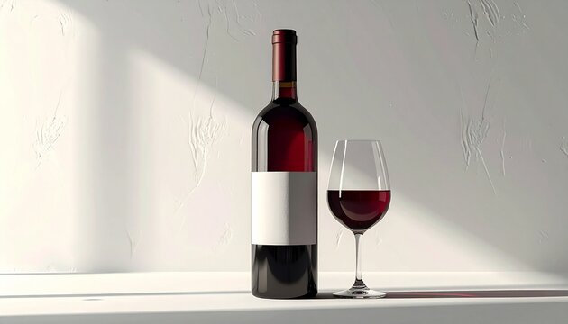 bottiglia e calice di vino rosso con etichetta, in ambiente interno bianco minimalista, con effetti di luci ed ombre geometriche sullo sfondo