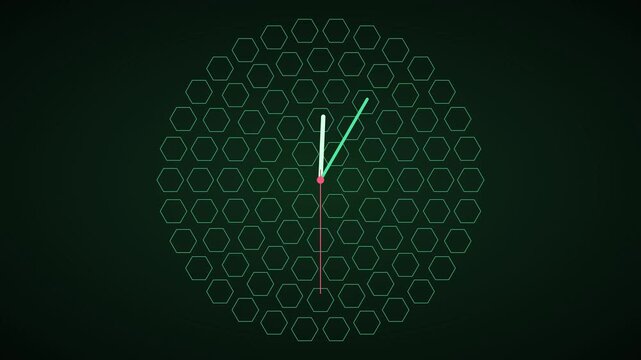 Minimalist digital clock animation with hexagon pattern background, for tech and, business projects time