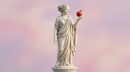 Fototapeta premium Classical Statue Holding Red Apple Against Soft Gradient Background