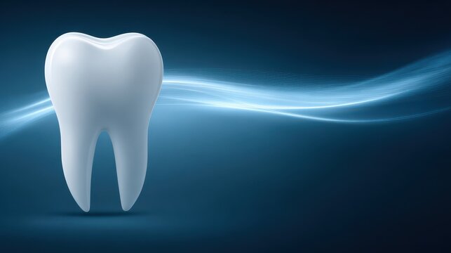 Clean human tooth with abstract glowing blue light waves background