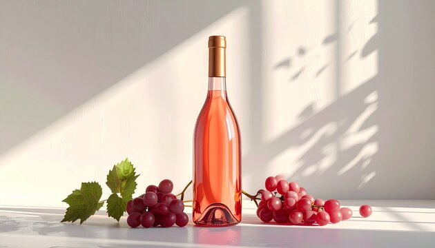 bottiglia piena di vino rosato, con grappoli d'uva e rose vicine, luci e ombre geometriche proiettate su un muro bianco sullo sfondo