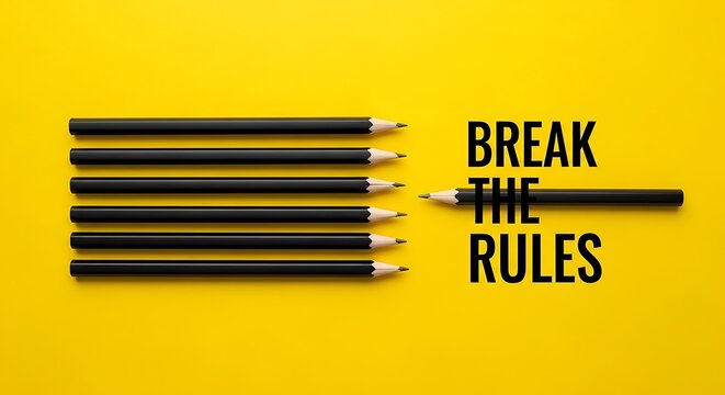 Break the Rules motivational concept with black pencils on yellow background, creative leadership and non-conformity metaphor, unique direction business strategy