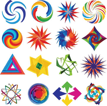 Vector Set of Abstract Geometric Shapes Colorful Spiral Stars Circular Patterns and Creative Design Elements