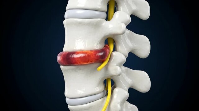 Anatomical representation of a herniated spinal disc with inflammation