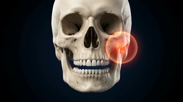 Human skull jaw opening and closing with highlighted joint pain