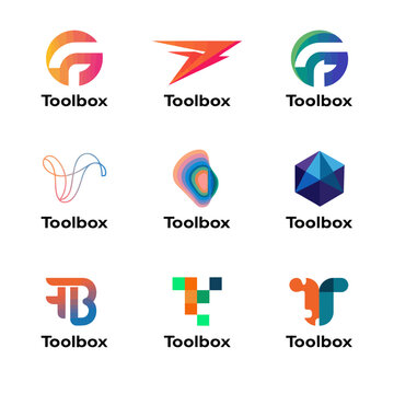 Collection of modern abstract colorful logo designs for toolbox brand identity.