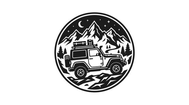 Circular 4x4 SUV mountain emblem under crescent moon