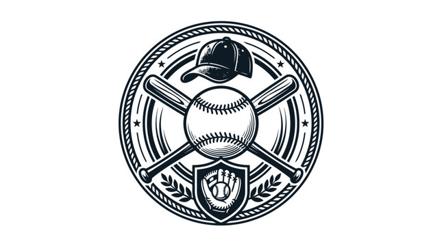 Circular baseball logo with ball glove and bats