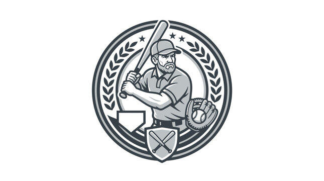 Circular baseball player badge with laurel frame.