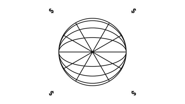 Rotating wireframe globe with dollar signs, minimalist financial motion for global business and economic data visualization
