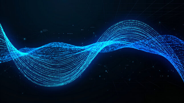Abstract digital wave with binary code particles on dark background