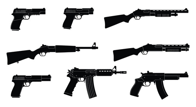 Firearm Silhouettes Collection Black Shapes On White Background