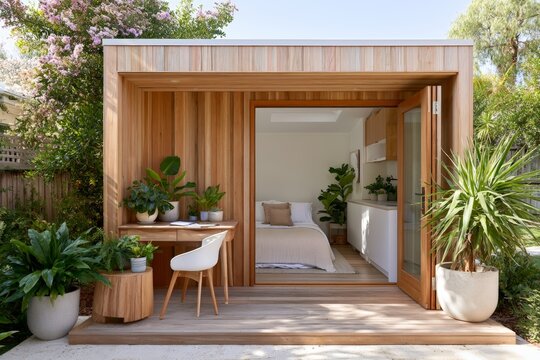 Modern wooden garden annexe studio with sliding doors, desk and indoor plants for backyard studio background and tiny house design