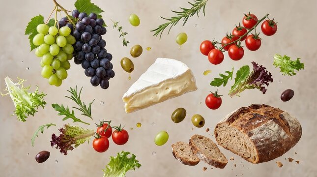 Fresh brie cheese with grapes tomatoes bread and green herbs