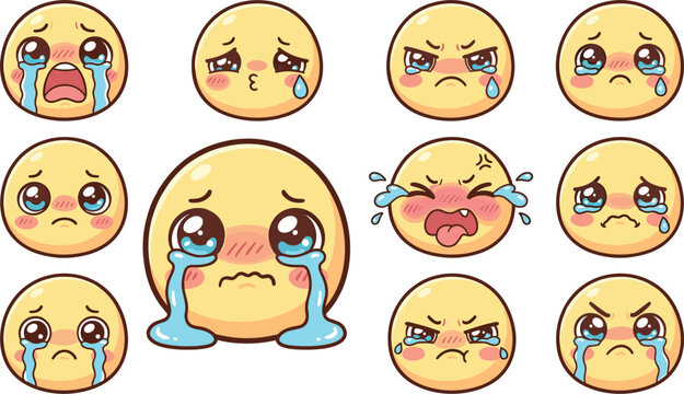 PrintCrying Emoji Face Vector Icon Set with Sad Weeping Pouting Angry and Sobbing Kawaii Emoticon Expressions for Social Media Stickers and Chat Graphics