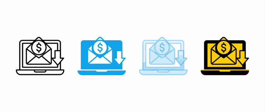 Laptop with money email notification and down arrow icon set