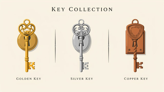 Set of three vintage keys in gold silver and bronze metal colors