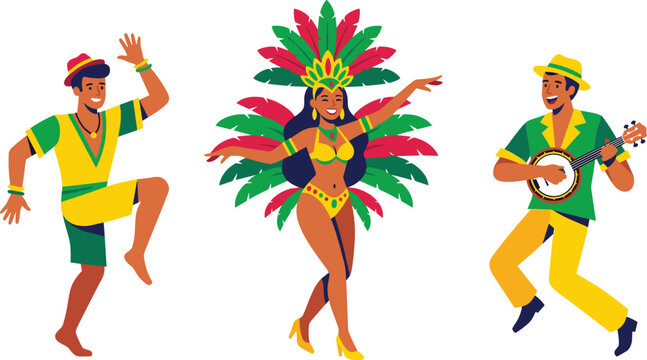 Brazilian carnival character set featuring samba dancer with feather headdress and musicians in traditional costume vectors
