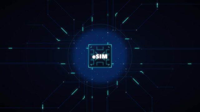 E sim technology concept: digital microchip with futuristic data network connectivity animation