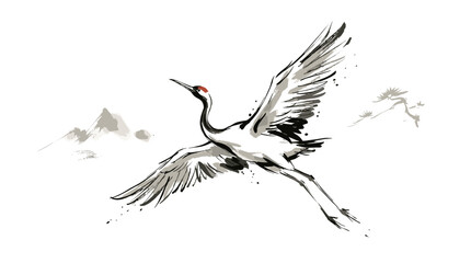Obraz premium Elegant flying crane in flight with wings spread wide, showcasing grace and freedom in nature