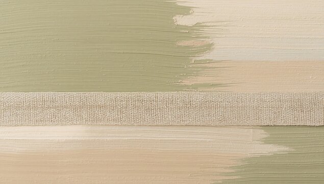Textured abstract painting featuring horizontal layers of organic shapes in sage green and beige earth tones