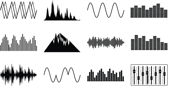 Audio equalizer wave icon set featuring black minimal frequency bars soundwaves and mixing console vector elements