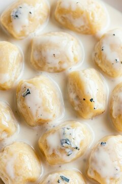 Closeup of fluffy gnocchi in creamy gorgonzola sauce. Potato dumplings coated in rich cheese sauce with herbs. Delicious Italian comfort food dish served in bowl.