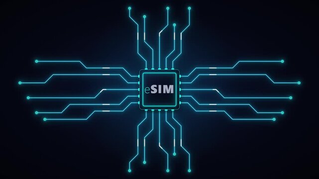 E sim technology concept: digital microchip with glowing circuit board data connections
