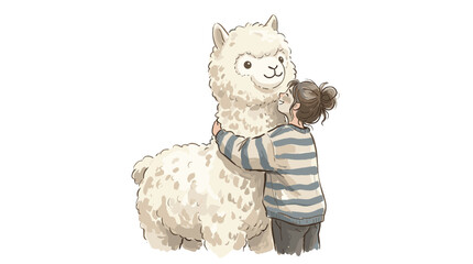 Obraz premium Cute child hugging a fluffy llama with a striped sweater