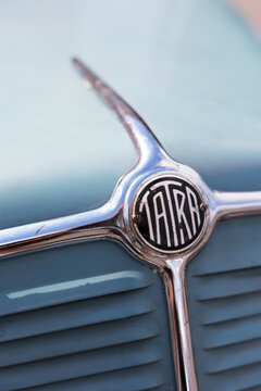 Koprivnice, Czech Republic, Czechia - 31 May, 2026: Tatra - logo and brand of car and auto manufacturer. Detail of old historical classic vintage vehicle. Very shallow focus.