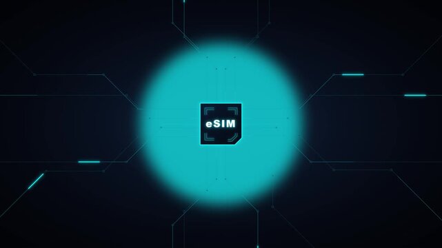 E sim technology concept: digital sim card chip with futuristic cyber circuit background