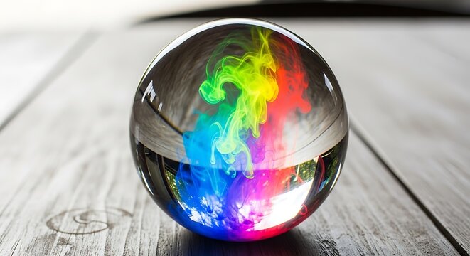 Abstract colorful glass ball reflection on white surface.